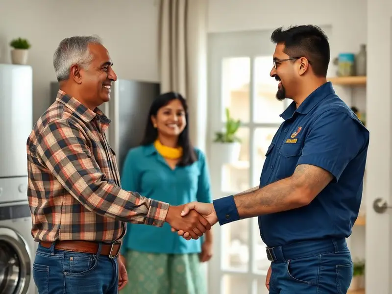 Happy Mysore customer shaking hands with a MysoreFix technician after a successful repair